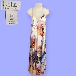 Nicole Miller Watercolor Floral Satin Slip Maxi Dress Size 2 Pockets Sun Dress